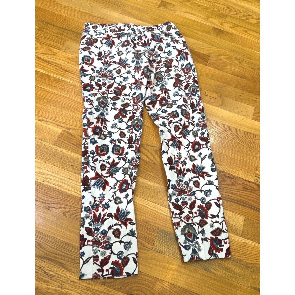 Zara Basic Womens Floral Slim Trousers White Red Blue Zip Pockets Size Medium
